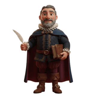 Cervantes como personaje ilustrado del pool de célebres de Cuentoslandia