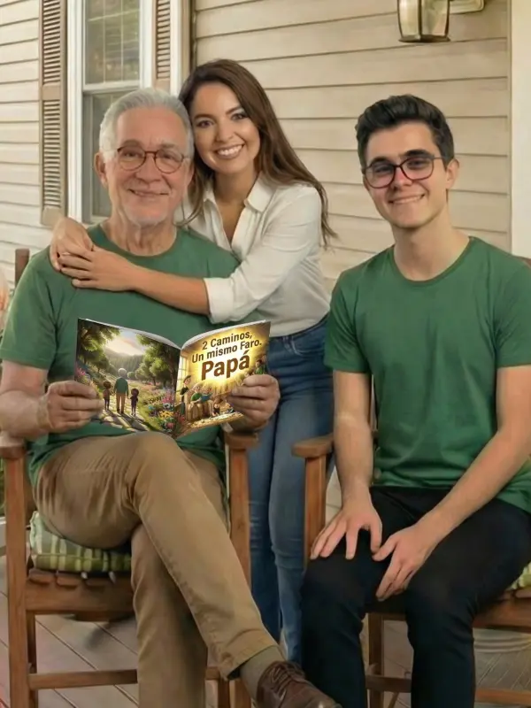 Tres generaciones celebrando el día del padre con cuento personalizado