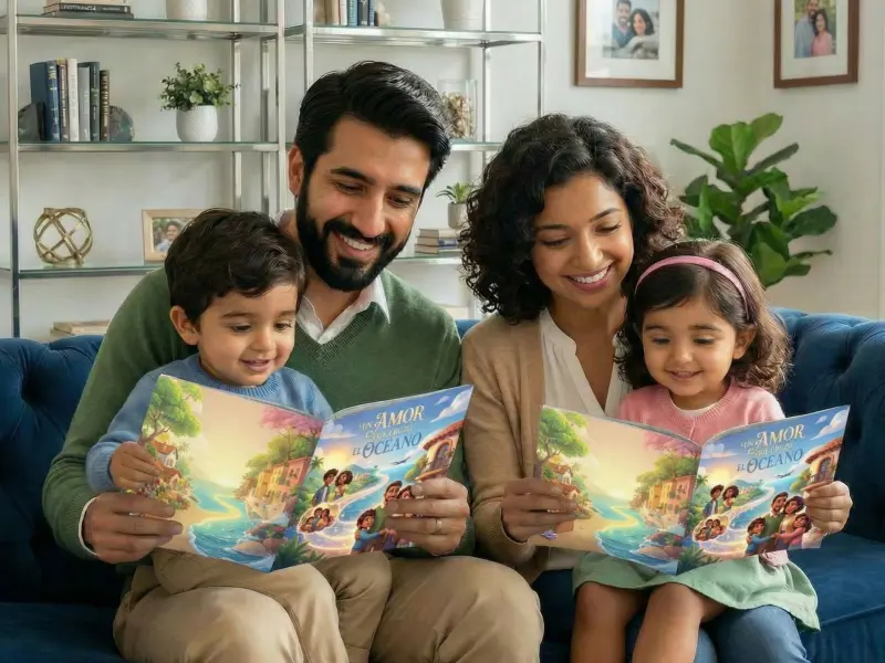 Familia leyendo cuento personalizado sobre la relación con sus niños
