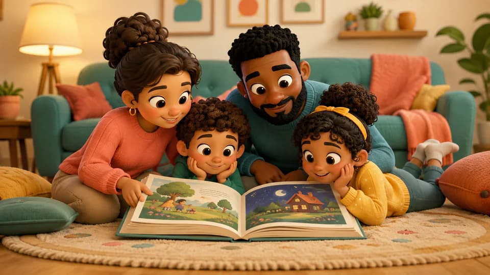 Familia leyendo junta un cuento ilustrado