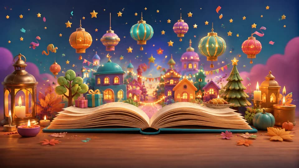 Cuento ilustrado con luces y decoración de fiestas tradicionales