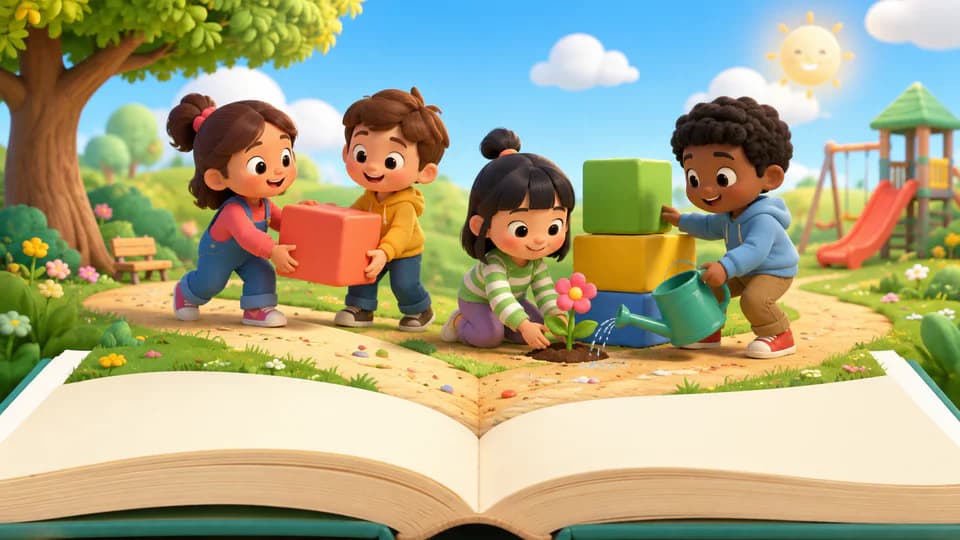 Niños colaborando alrededor de un cuento ilustrado