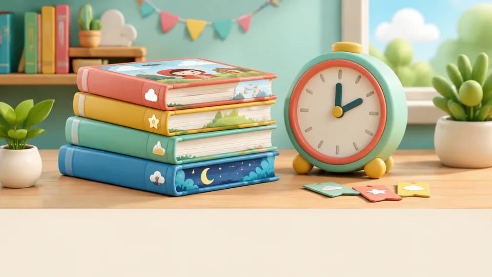 Pila de cuentos infantiles cortos junto a un reloj