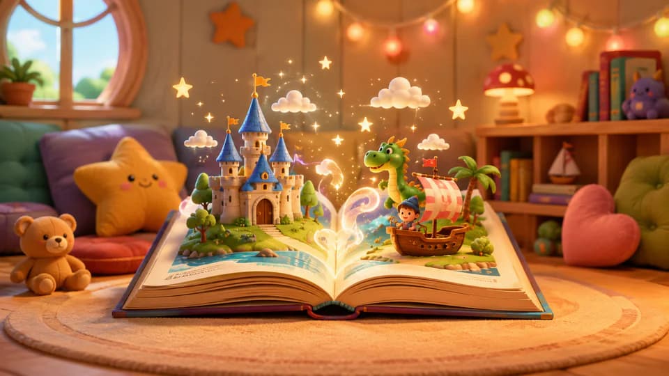 Libro ilustrado abierto en un rincón de lectura infantil