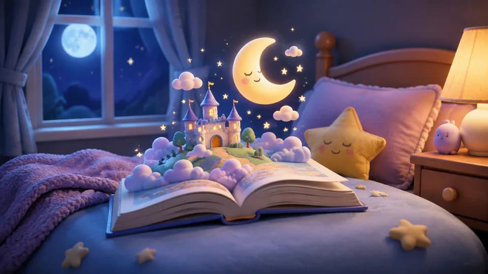 Cuento abierto junto a una cama iluminada por la luna