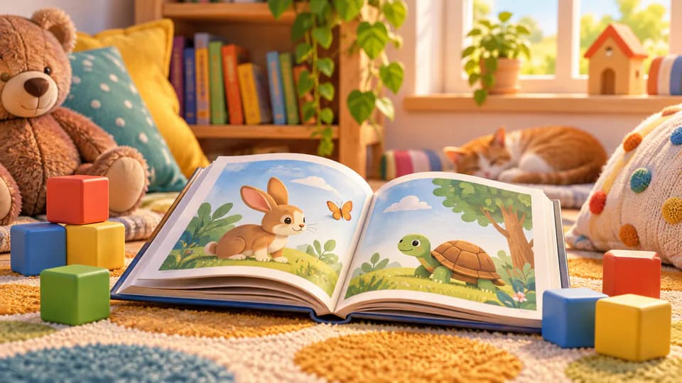 Cuento abierto en un rincón de lectura infantil con bloques de colores