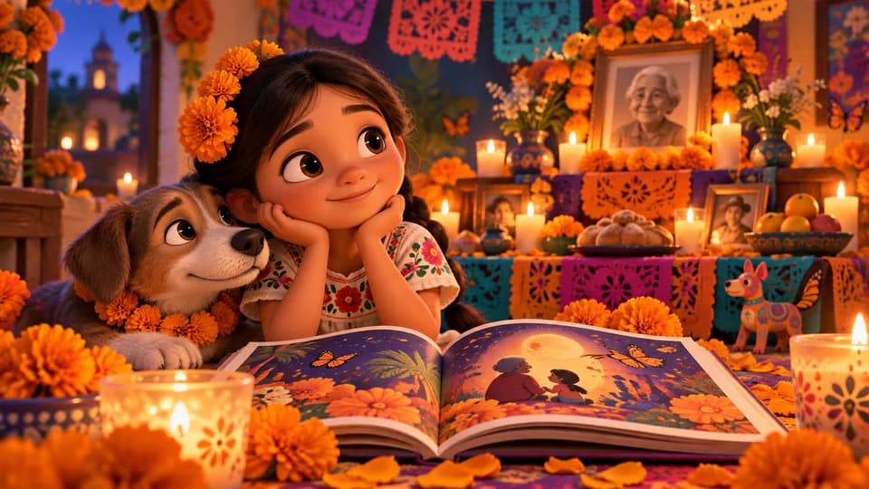 Cuento abierto junto a flores de cempasúchil y velas de Día de Muertos