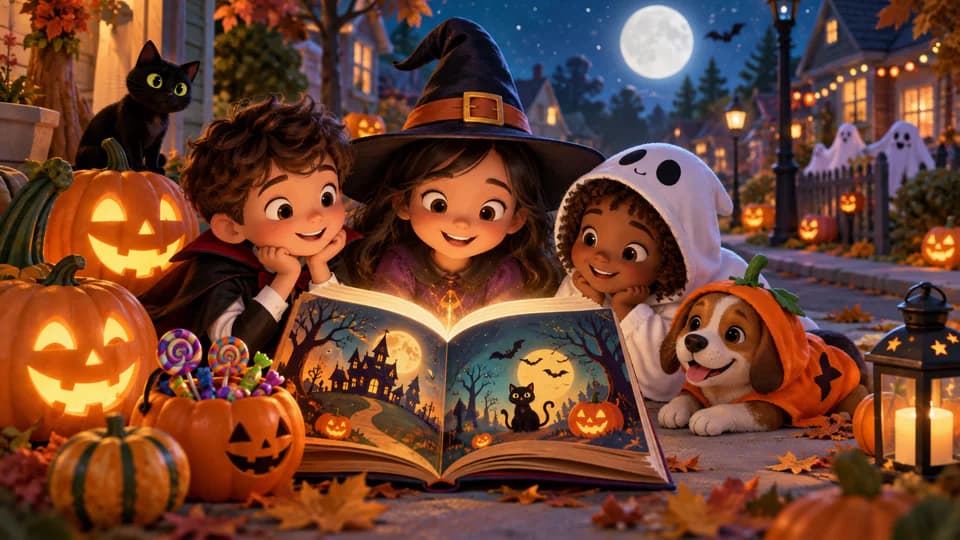 Cuento abierto con calabazas y decoracion infantil de Halloween