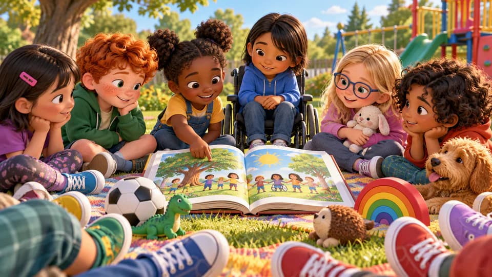 Niños compartiendo una lectura en una escena inclusiva y luminosa