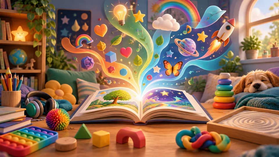 Cuento abierto con símbolos coloridos sobre formas distintas de pensar