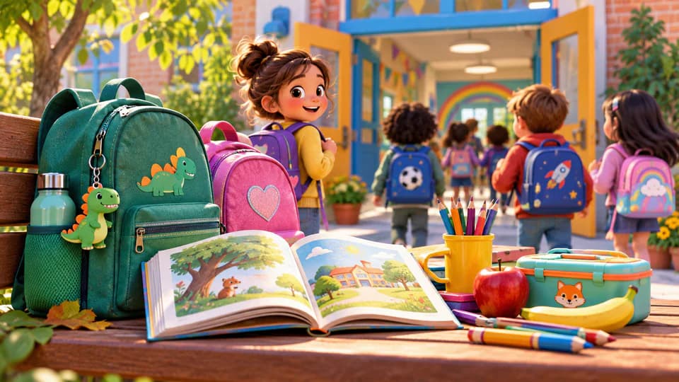 Cuento abierto junto a mochilas y material escolar en la entrada del colegio