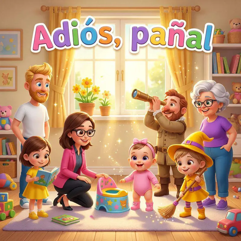 Mía, su hermana Marcela y toda la familia rodean un orinal de colores en el cuarto de juegos, con Chispa y el Coleccionista de las Primeras Veces