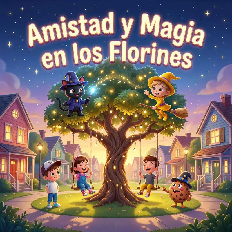 Manu, Gabriela y Fer en el parque de Los Florines con el gato Binx, la galleta Chop y la brujita Chispa