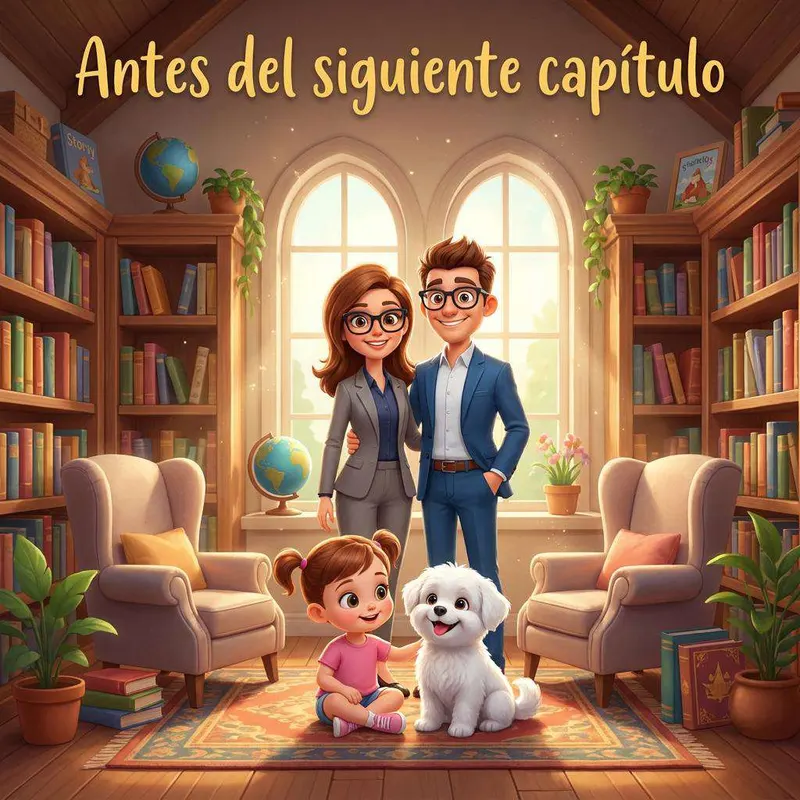 Daniel y Elena con su hija Carolina y el perro Milú en el salón de su casa
