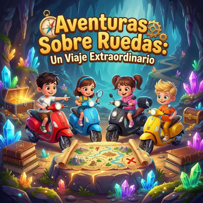 Cuatro niños montados en sus scooters rodean un mapa del tesoro extendido en una cueva llena de cristales de colores