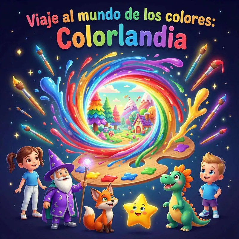 Bea y Nico contemplan un remolino de pintura de todos los colores sobre una paleta gigante, acompañados de un mago, un zorro, una estrella y un dinosaurio