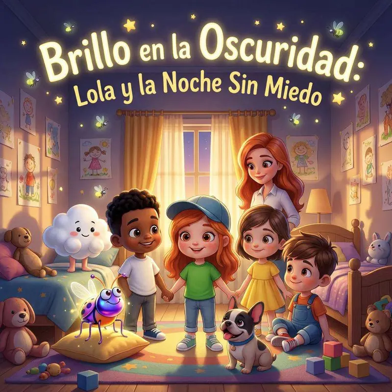 Lola con su gorra azul y sus amigos, de la mano en una habitación infantil de noche, con una luciérnaga y una nube sonriente