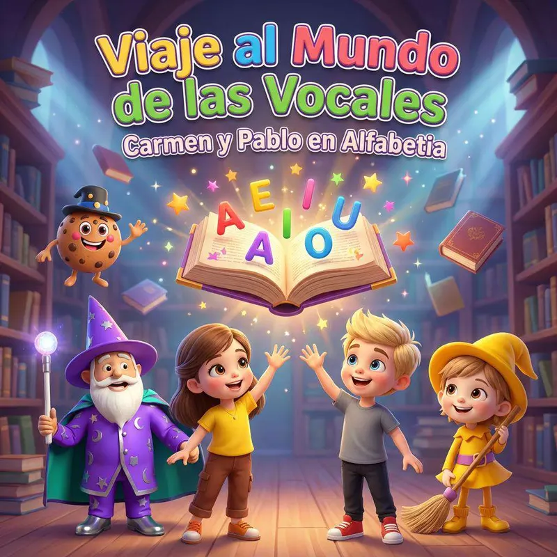 Carmen y Pablo levantan las manos hacia un libro flotante del que salen las cinco vocales, acompañados de un mago, una brujita y una galleta con sombrero