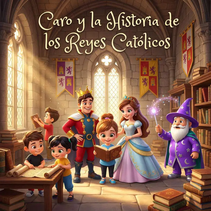 Carolina y sus amigos junto a Isabel, Fernando y el Mago Crea Cuentos en una sala con los estandartes de Castilla y Aragón