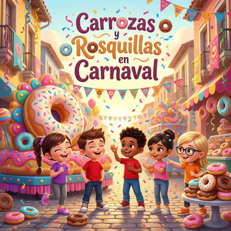 Cinco niños disfrazados saludan desde una carroza decorada con flores mientras el pueblo los mira desde las aceras