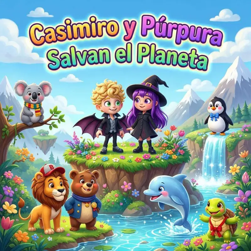 Casimiro el vampiro y Púrpura la brujita sobre una isla flotante, rodeados de un koala, un león, un oso, un delfín, un pingüino y una tortuga