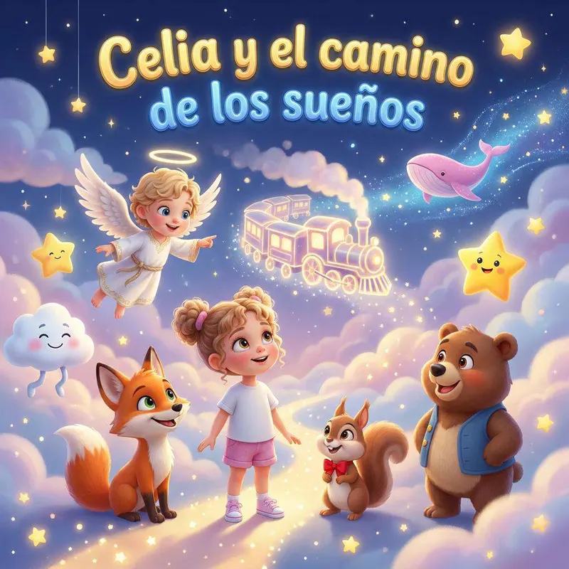 Celia viaja en un tren luminoso por un cielo estrellado acompañada por un zorro maquinista, una ardilla y una ballena rosa