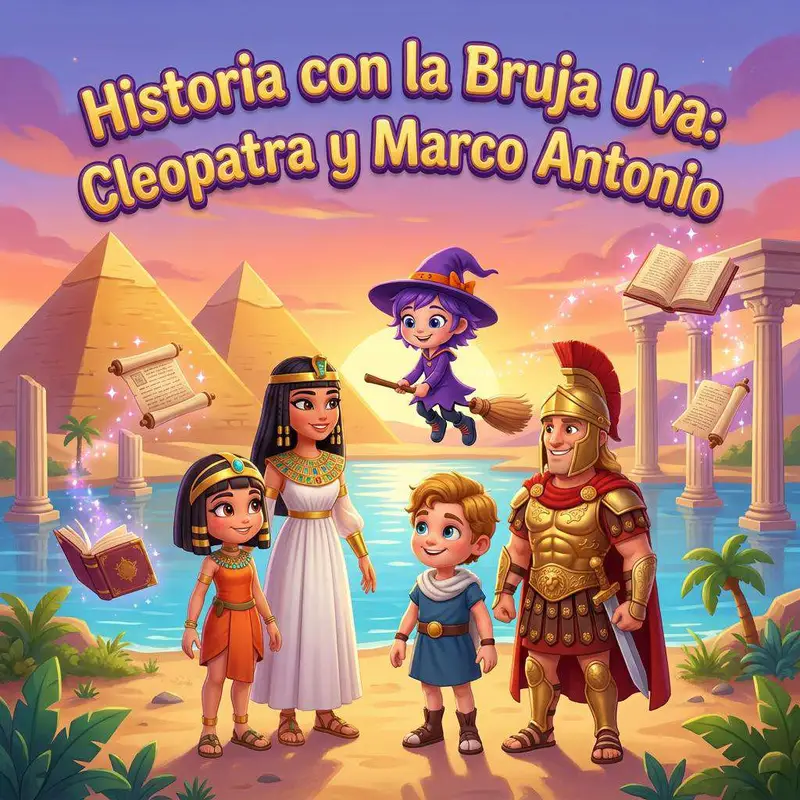Cleopatra con tocado dorado y Marco Antonio con casco romano ante las pirámides de Egipto