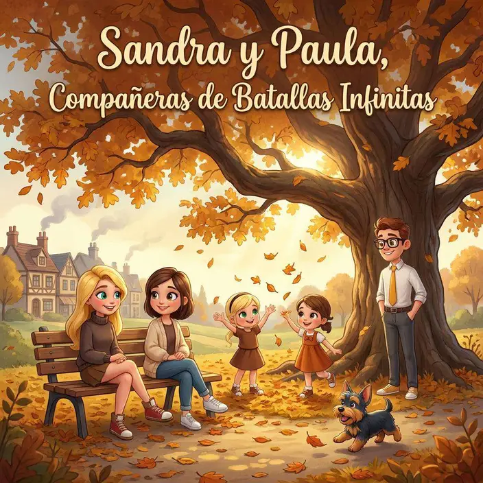 Sandra y Paula de niñas en el patio del colegio con Moon, la perrita que las presentó