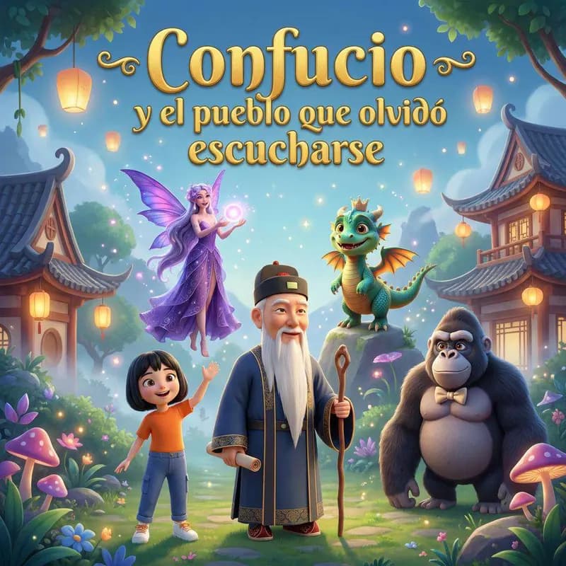 Confucio con su bastón junto a Mei, un hada morada, un dragoncito verde y un gorila plateado, delante de casas de tejado curvo