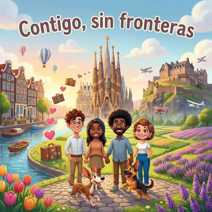 Edu y Anne junto a un canal de Ámsterdam con sus perros Muffin y Black