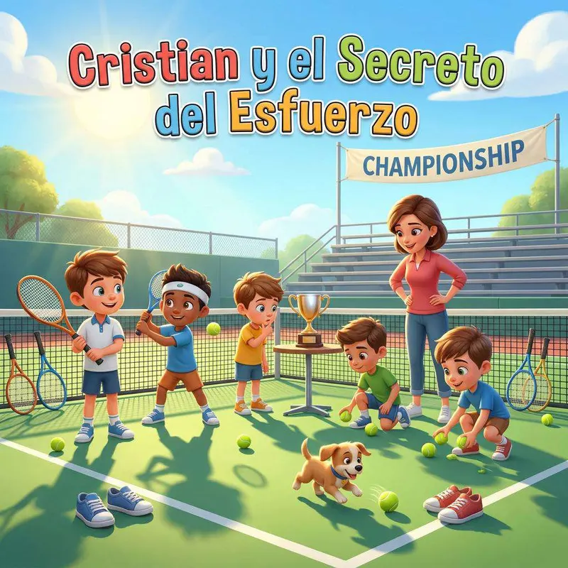 Cristian con su gorra azul y su raqueta en la pista de tenis, con su perro Café a un lado