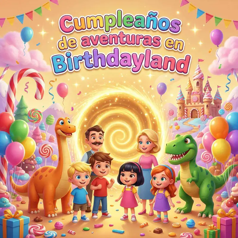 Un grupo de niños y dos dinosaurios con sombreros de fiesta posan ante un portal dorado, rodeados de globos, piruletas y un castillo de caramelo