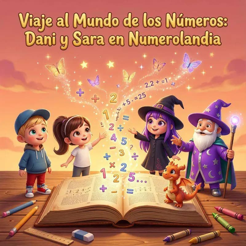 Dani y Sara señalan los números que salen volando de un libro abierto, junto a una brujita, un dragón naranja y un mago de capa morada