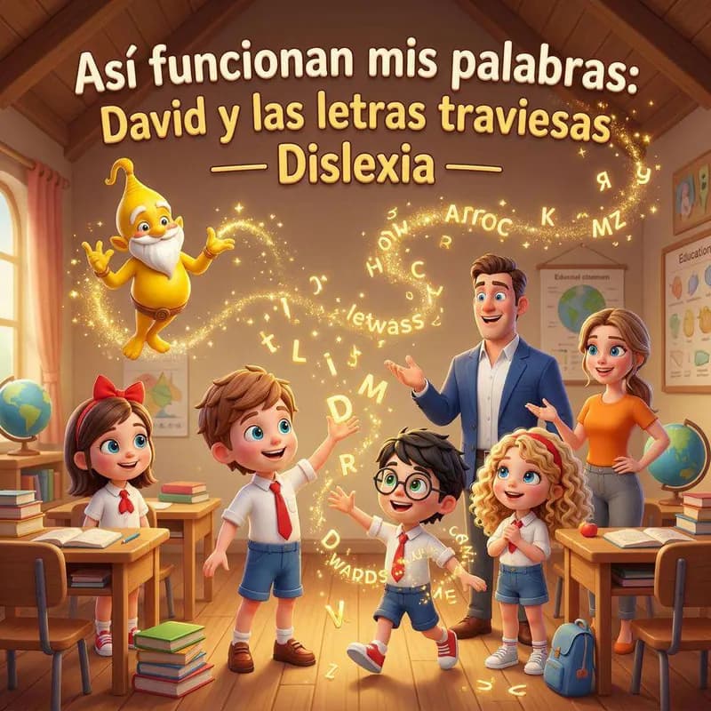 David y sus compañeros en clase con Zafir, un genio amarillo, volando entre letras doradas que salen de un libro