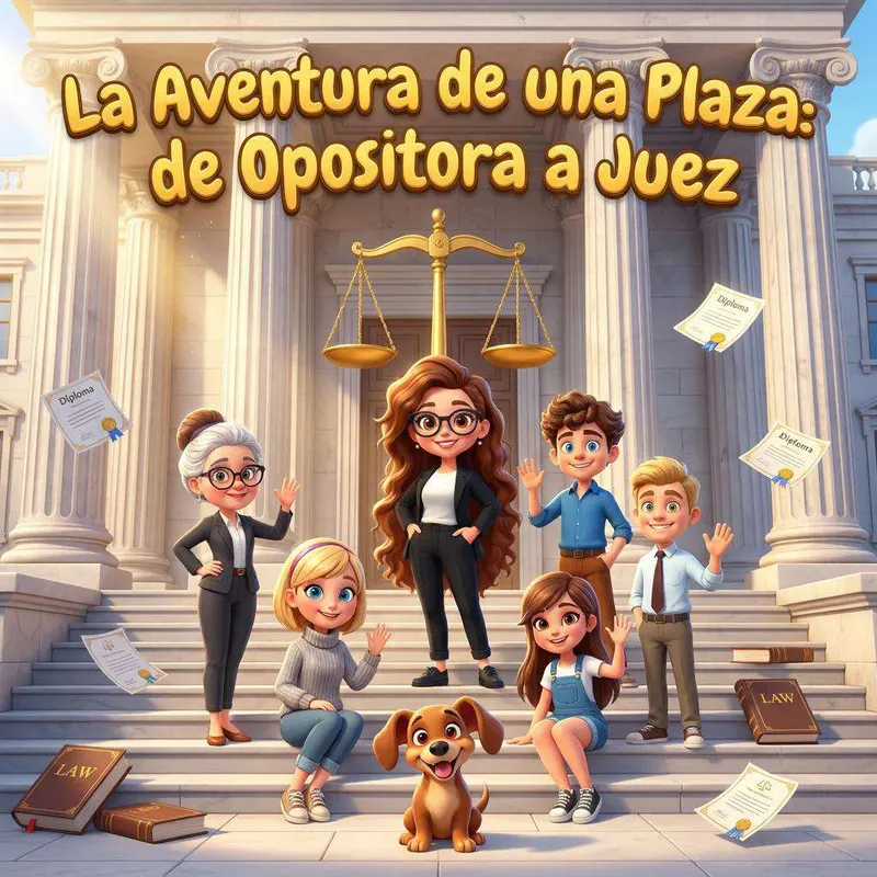 Una joven con toga y gafas rodeada de libros de derecho ante el edificio de un tribunal