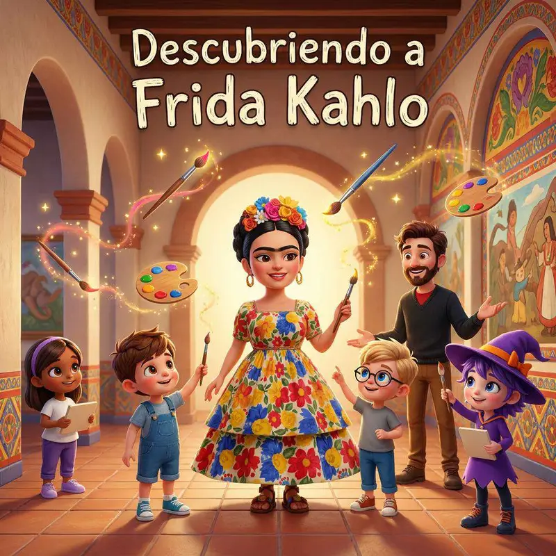 Frida Kahlo con paleta y pinceles rodeada de cuatro niños, su profesor y la brujita Uva en una sala del museo