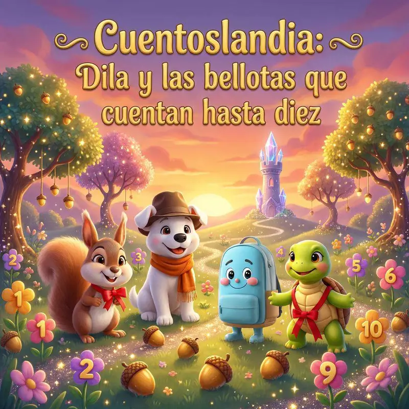 Una ardilla con lazo rojo, un perrito con sombrero, una mochila azul con cara y una tortuga en un prado lleno de bellotas y flores con números