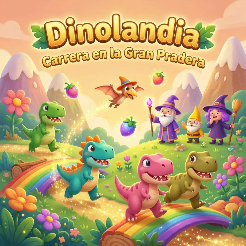 Varios dinosaurios corren por un puente de arcoíris en una pradera de flores mientras el mago, el duende y la brujita los animan
