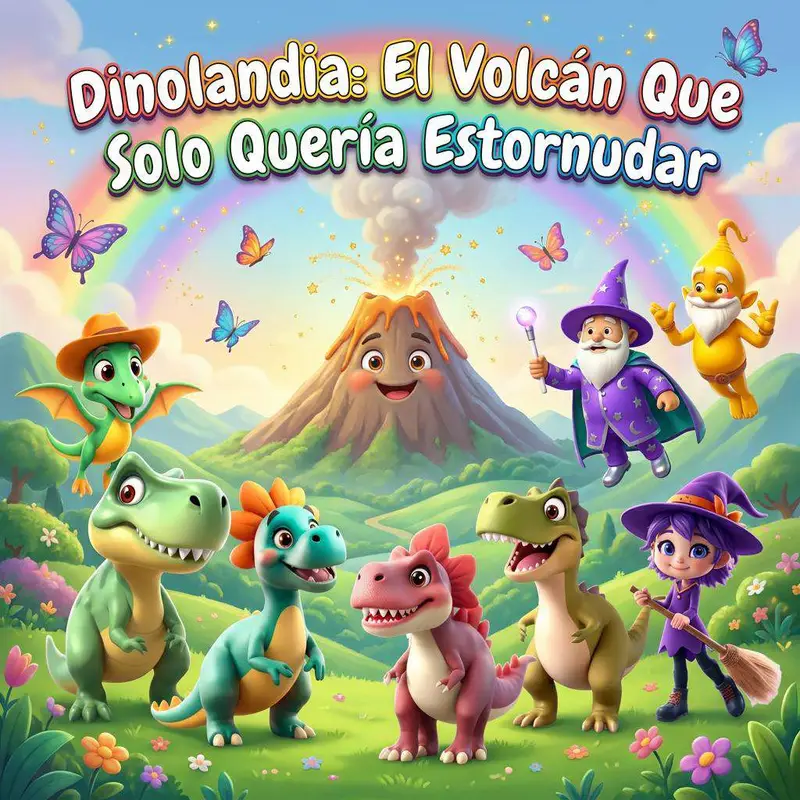 Los dinosaurios de Dinolandia miran hacia un volcán con cara sonriente rodeado de mariposas y un arcoíris, con el mago y la brujita al lado