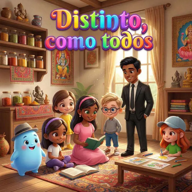 Carol lee un libro sentada en la alfombra de su casa, rodeada de sus padres, sus amigos y los colores y especias de la India