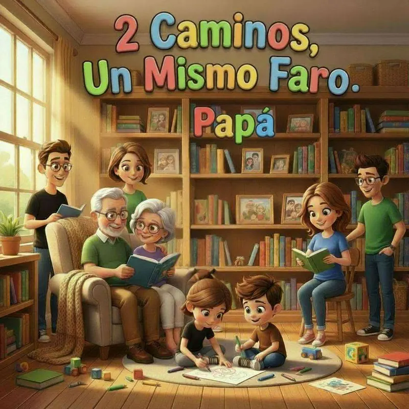 Tres generaciones de una familia leyendo juntas en un salón lleno de estanterías, con los nietos dibujando en la alfombra