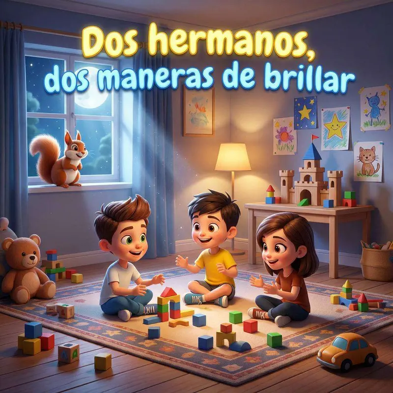 Dos hermanos y su madre juegan con bloques de madera en la alfombra de una habitación de noche, mientras una ardilla los observa desde la ventana