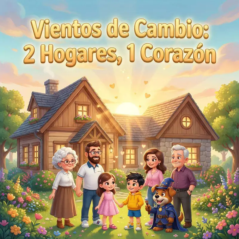 Gema y Lucas cogidos de la mano entre sus padres y sus abuelos, delante de dos casas al amanecer, con el perro alado Café