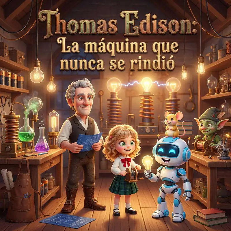 Thomas Edison en su laboratorio junto a Sofía, que sostiene una bombilla encendida, un robot, un ratoncito y un duende, rodeados de bombillas