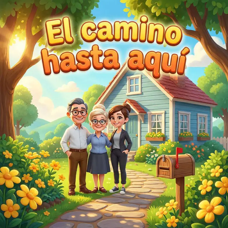 La casita azul de ventanas blancas donde crecieron Marina, Javier y Carmen, con el jardín de flores amarillas