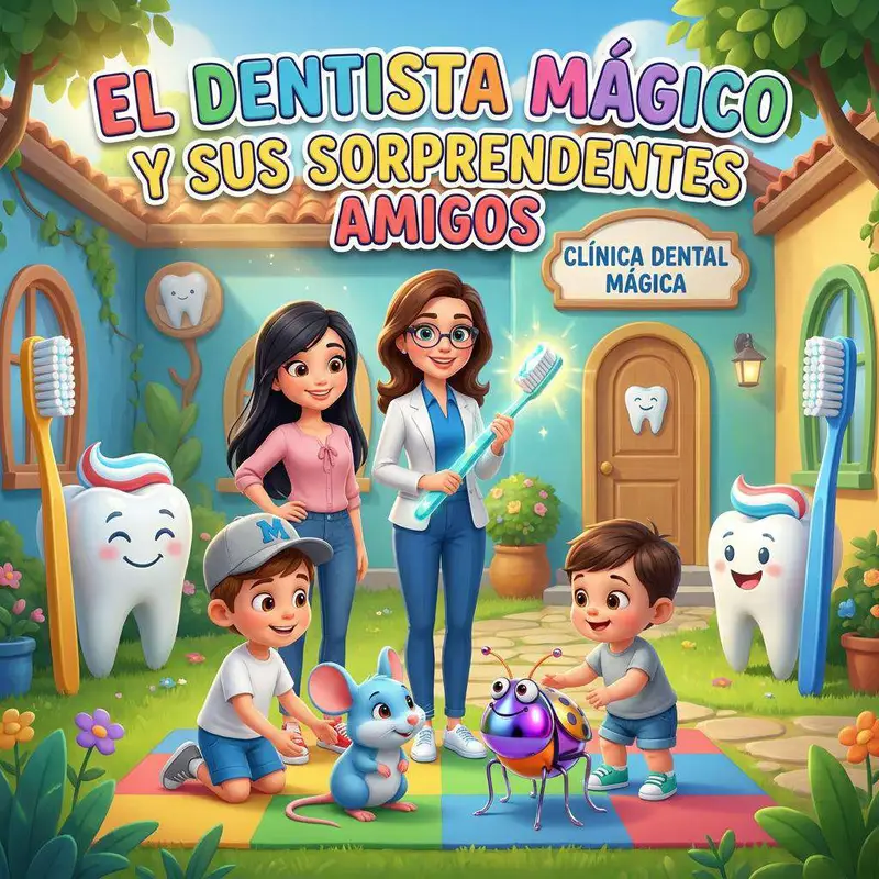 Lucas y su hermana pequeña juegan con el Ratoncito Pérez y un insecto brillante a la puerta de una clínica dental, con la doctora y su madre detrás