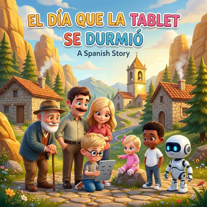 El abuelo Tomás con toda la familia, la tablet Piko y el robot Pixel en una calle empedrada de un pueblo de casas de piedra