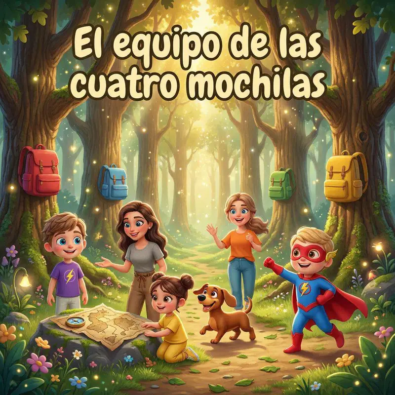 Lucas, Sofía y sus madres con las mochilas puestas en un claro del bosque, acompañados por el perro Leo y el Capitán Mochila