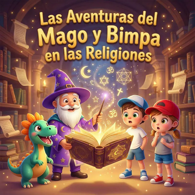 Un mago con túnica azul y sombrero estrellado junto a un dinosaurio verde y dos hermanos ante un libro mágico