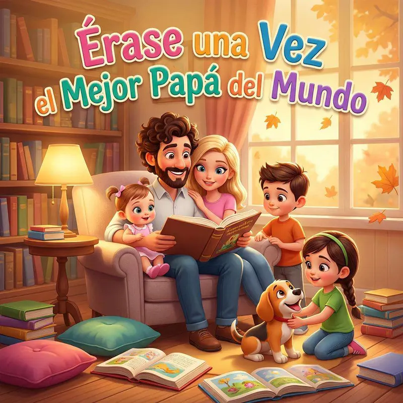 Un padre lee un cuento en un sillón rodeado de sus tres hijos, su pareja y el perro, entre libros y hojas de otoño